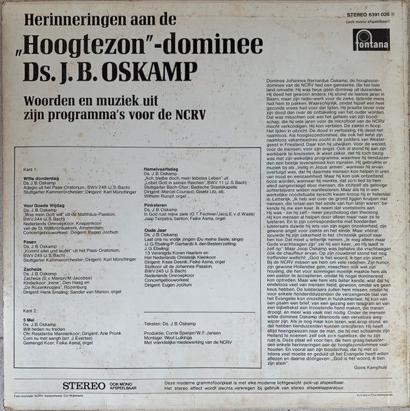 Johannes Bernardus Oskamp : Herrinneringen Aan De "Hoogtezon"-Dominee Ds. J.B. Oskamp (LP)