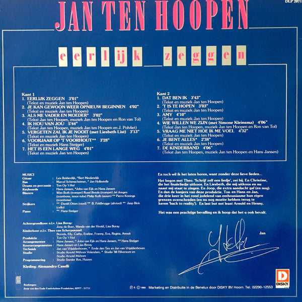 Jan Ten Hoopen : Eerlijk Zeggen (LP, Album)