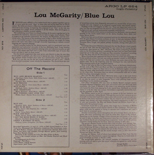 The Lou McGarity Big Eight : Blue Lou (LP, Album, Mono)