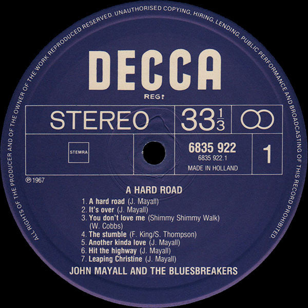John Mayall & The Bluesbreakers : A Hard Road (LP, Album, RE)