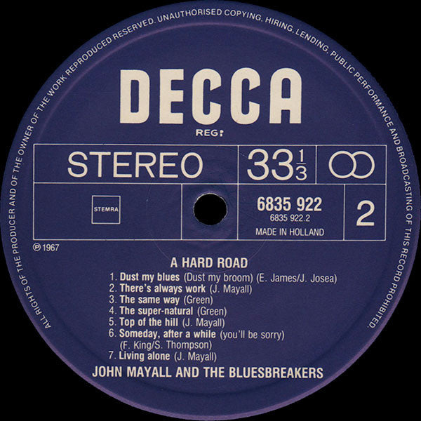 John Mayall & The Bluesbreakers : A Hard Road (LP, Album, RE)