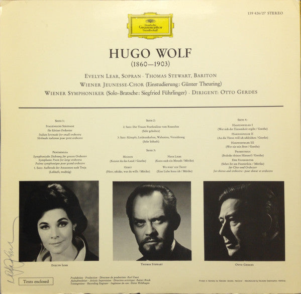 Hugo Wolf : Evelyn Lear, Thomas Stewart (2), Wiener Symphoniker, Otto Gerdes : Italienische Serenade • Penthesilea • Der Feuerreiter • Lieder (2xLP)