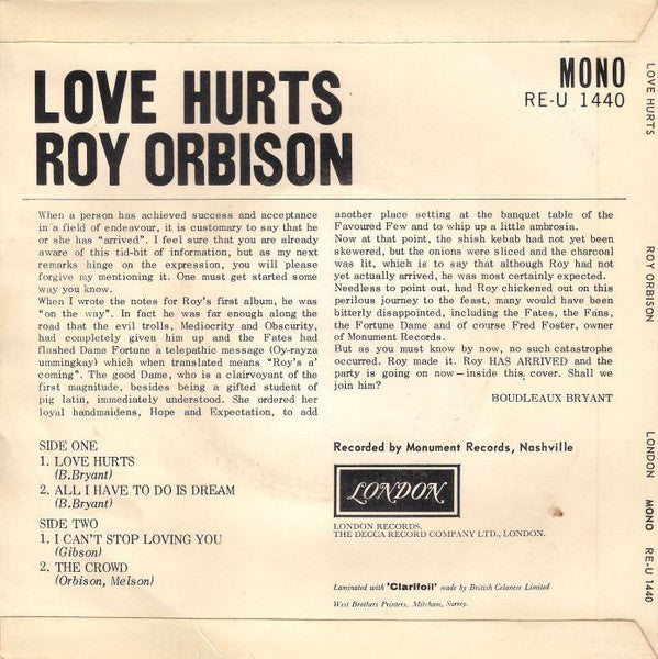 Roy Orbison : Love Hurts (7", EP, Mono)