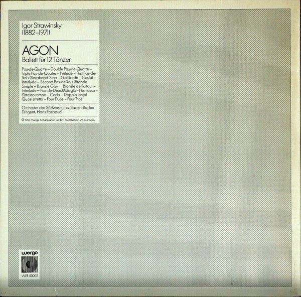 Igor Stravinsky - Südwestfunkorchester Baden-Baden, Hans Rosbaud : Agon (Ballett Für 12 Tänzer) (LP, Mono, RE)