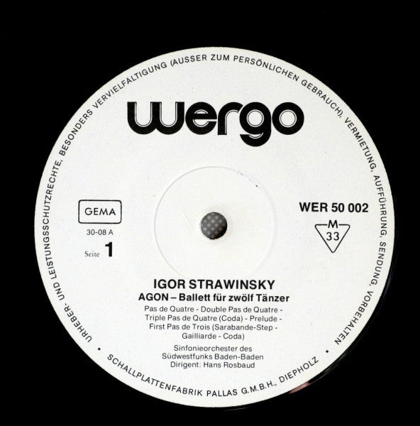 Igor Stravinsky - Südwestfunkorchester Baden-Baden, Hans Rosbaud : Agon (Ballett Für 12 Tänzer) (LP, Mono, RE)
