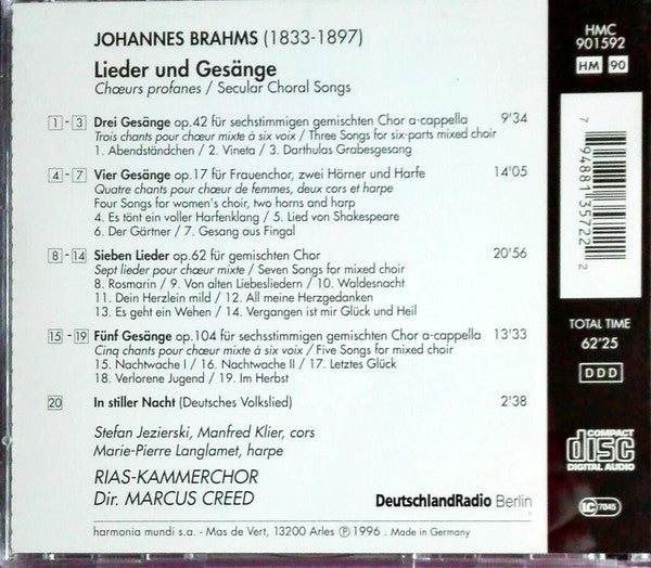 Johannes Brahms - RIAS-Kammerchor Dir. Marcus Creed : Lieder Und Gesänge (Chœurs Profanes • Secular Choral Songs) (CD, Album)