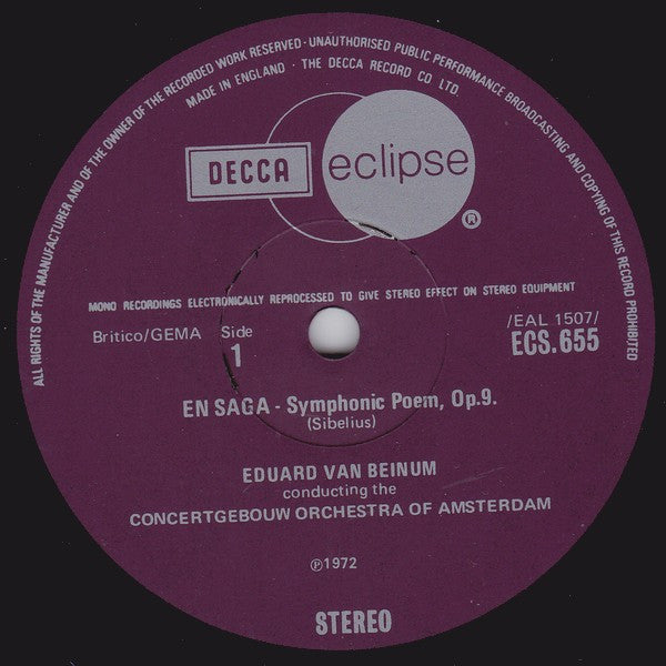 Jean Sibelius, Concertgebouworkest, Eduard van Beinum : Symphonic Poem - En Saga / Symphonic Poem - Tapiola (LP, RE, RM)