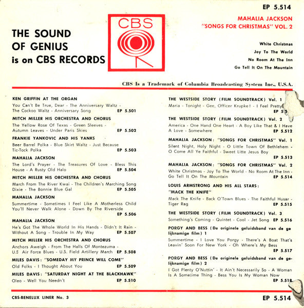 Mahalia Jackson : Songs For Christmas Vol. 2 (7", EP)