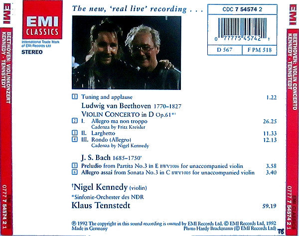 Ludwig van Beethoven, Johann Sebastian Bach - Nigel Kennedy, NDR Sinfonieorchester, Klaus Tennstedt : Beethoven: Violin Concerto (CD, Album, Son)