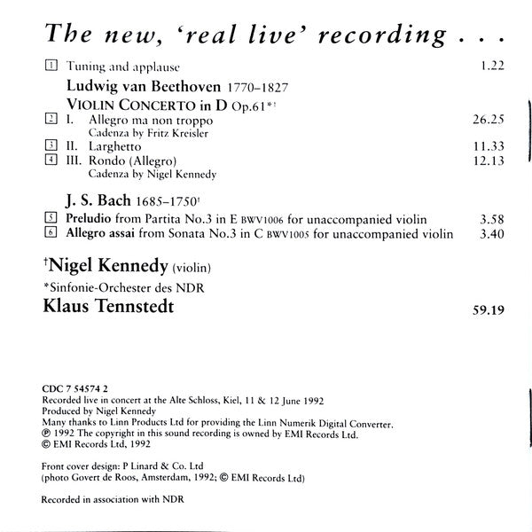 Ludwig van Beethoven, Johann Sebastian Bach - Nigel Kennedy, NDR Sinfonieorchester, Klaus Tennstedt : Beethoven: Violin Concerto (CD, Album, Son)