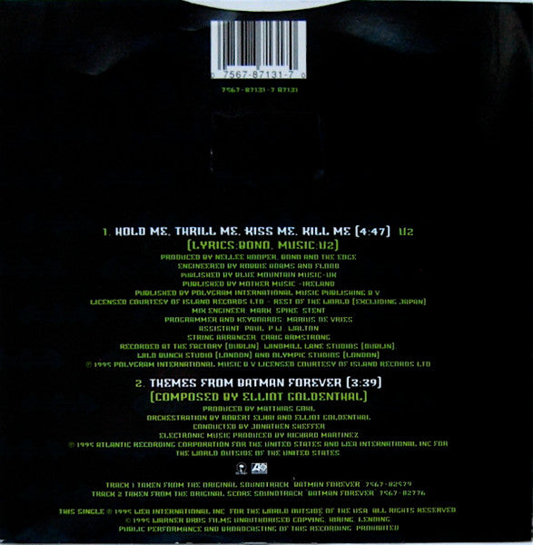 U2 : Hold Me, Thrill Me, Kiss Me, Kill Me (Original Music From The Motion Picture Batman Forever) (7", Single, Ltd, Red)