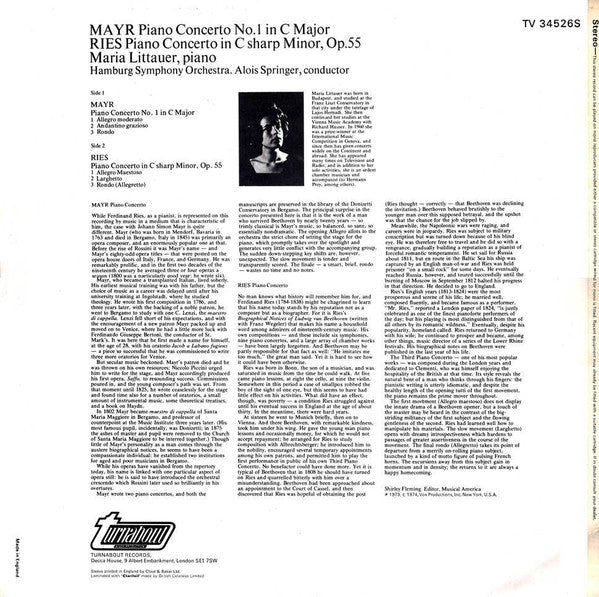 Johannes Simon Mayr / Ferdinand Ries - Maria Littauer, Hamburger Symphoniker, Alois Springer : Piano Concerto No. 1 In C Major / Piano Concerto In C Sharp Minor (LP)
