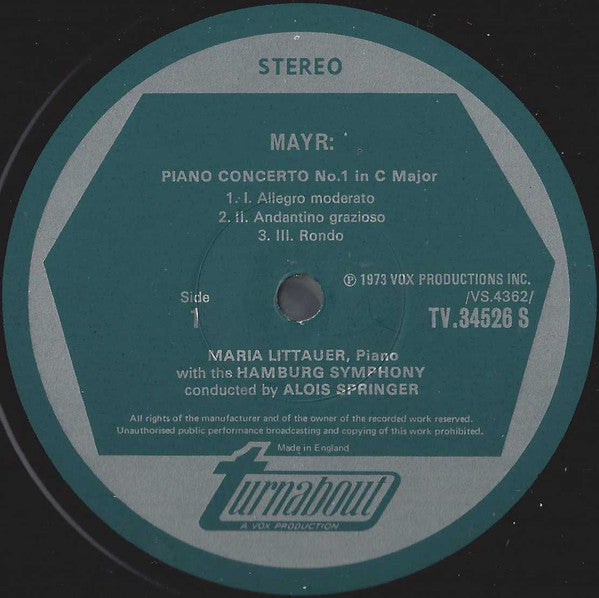 Johannes Simon Mayr / Ferdinand Ries - Maria Littauer, Hamburger Symphoniker, Alois Springer : Piano Concerto No. 1 In C Major / Piano Concerto In C Sharp Minor (LP)