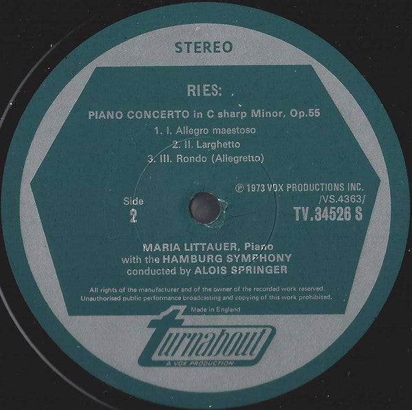 Johannes Simon Mayr / Ferdinand Ries - Maria Littauer, Hamburger Symphoniker, Alois Springer : Piano Concerto No. 1 In C Major / Piano Concerto In C Sharp Minor (LP)