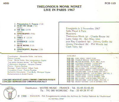 Thelonious Monk Nonet : Live In Paris, 1967 (CD, Album)