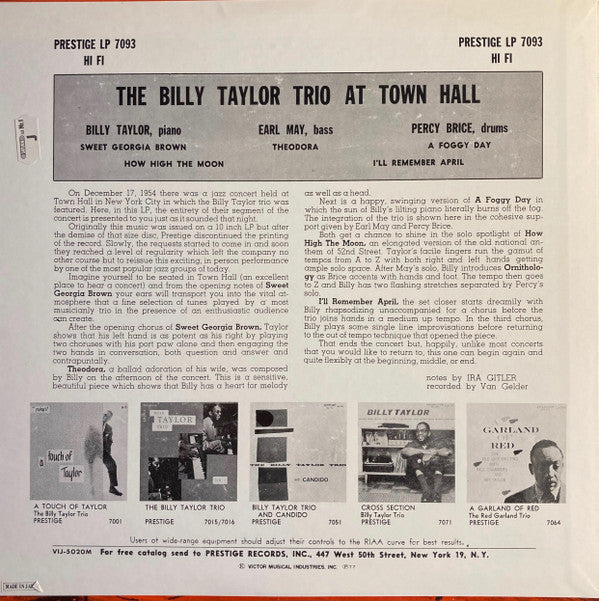 Billy Taylor Trio : At Town Hall (LP, Album, Mono, RE)