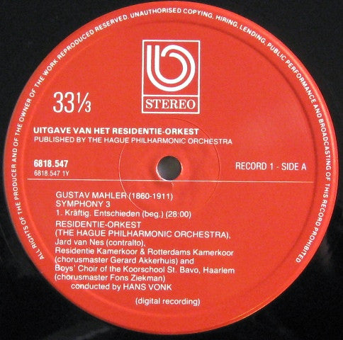 Gustav Mahler, Residentie Orkest, Hans Vonk, Jard Van Nes : Symphony 3 (2xLP)