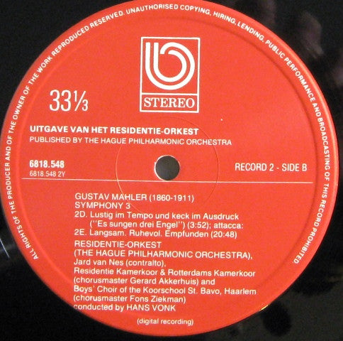 Gustav Mahler, Residentie Orkest, Hans Vonk, Jard Van Nes : Symphony 3 (2xLP)