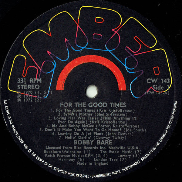 Bobby Bare : For The Good Times (LP, Album, Comp)