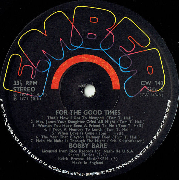 Bobby Bare : For The Good Times (LP, Album, Comp)