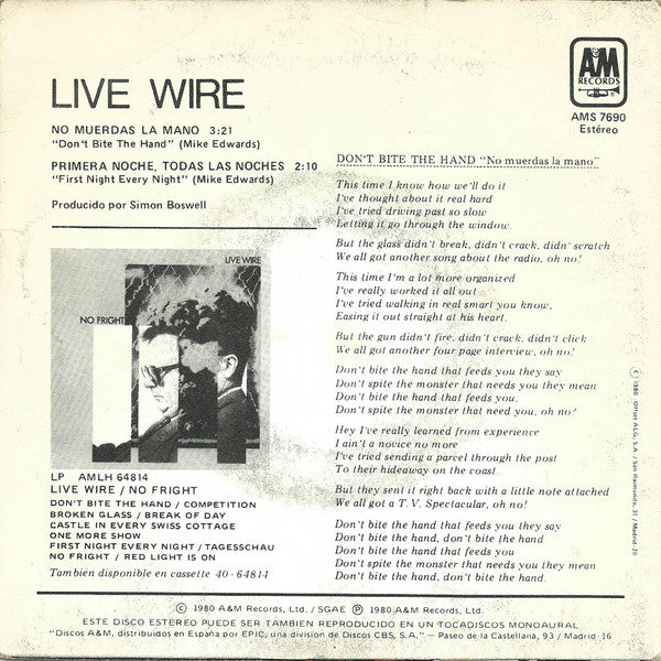 Live Wire (3) : No Muerdas La Mano (7", Single)