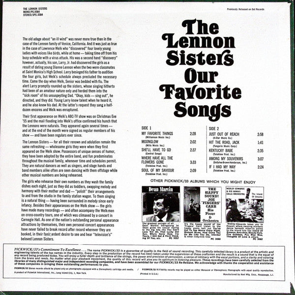 The Lennon Sisters : Our Favorite Songs (LP, Album, RE)