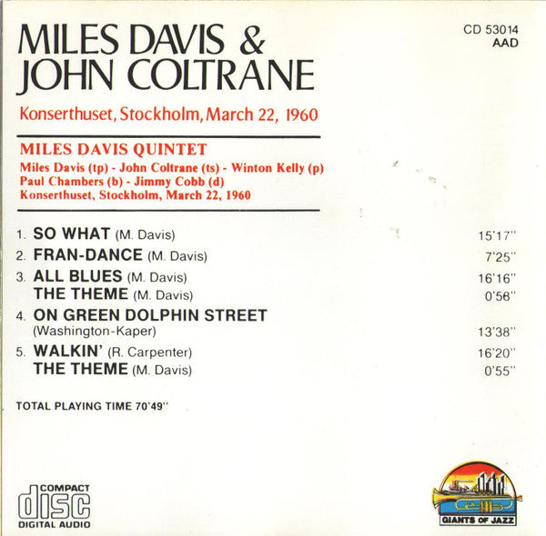 Miles Davis & John Coltrane : Konserthuset, Stockholm, March 22, 1960 (CD, Album, RE)