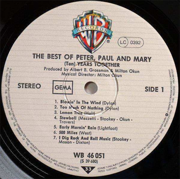 Peter, Paul And Mary* : The Best Of Peter, Paul And Mary  Ten Years Together (LP, Comp, RE)