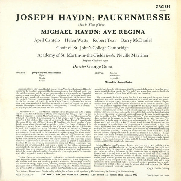 Joseph Haydn - April Cantelo, Helen Watts, Robert Tear, Barry McDaniel, The Academy Of St. Martin-in-the-Fields, St. John's College Choir, George Guest (2) : Paukenmesse (LP)
