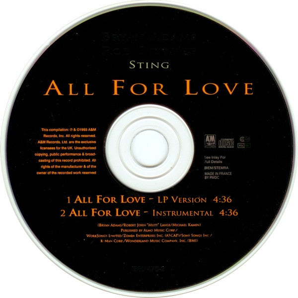 Bryan Adams, Rod Stewart, Sting : All For Love (CD, Single)