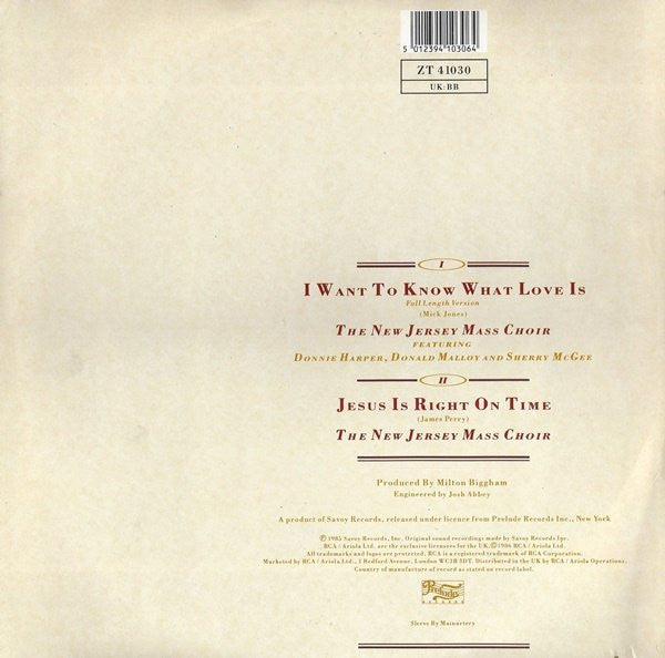 The New Jersey Mass Choir : I Want To Know What Love Is (12")