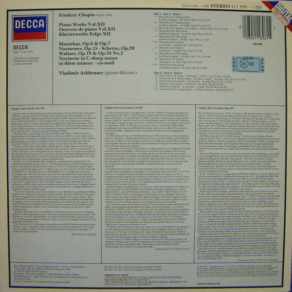 Frédéric Chopin, Vladimir Ashkenazy : Piano Works Vol. XII = Klavierwerke Folge XII (LP)