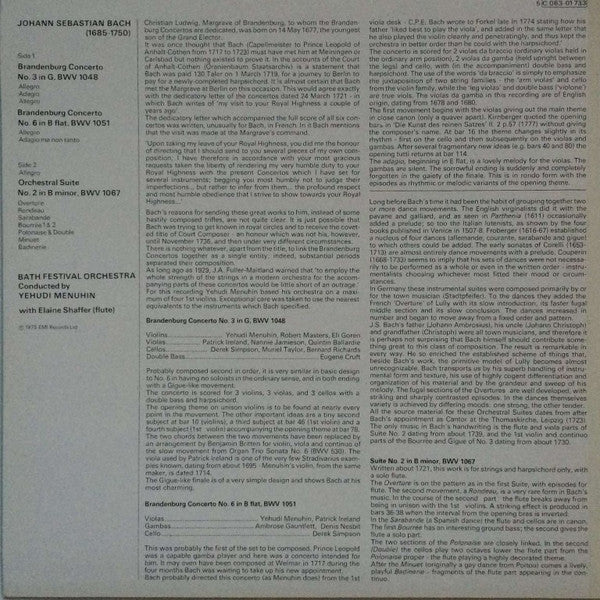 Johann Sebastian Bach - Bath Festival Orchestra, Yehudi Menuhin : Brandenburg Concertos 3 & 6 / Orchestral Suite 2 (LP, Comp)