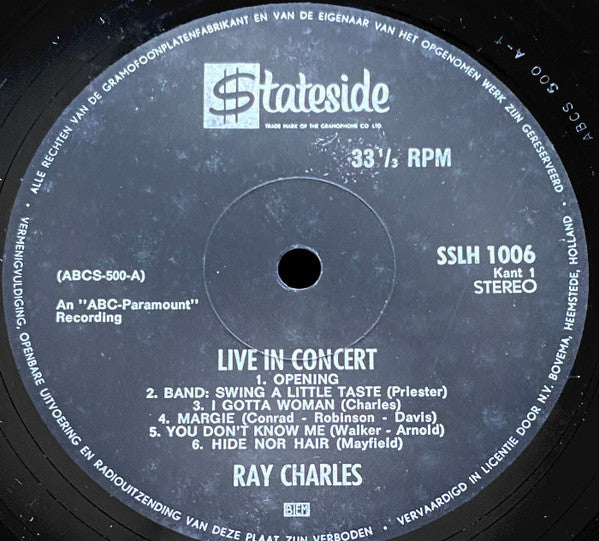Ray Charles : Ray Charles Live In Concert (LP, Album)