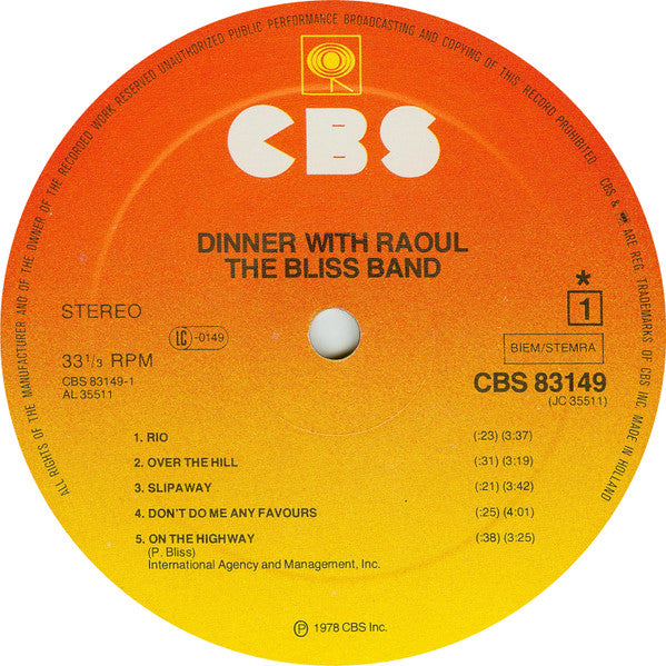The Bliss Band : Dinner With Raoul (LP, Album)