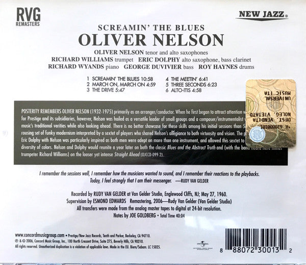 Oliver Nelson / The Oliver Nelson Sextet Featuring Eric Dolphy / Richard Williams : Screamin' The Blues (CD, Album, RE, RM)