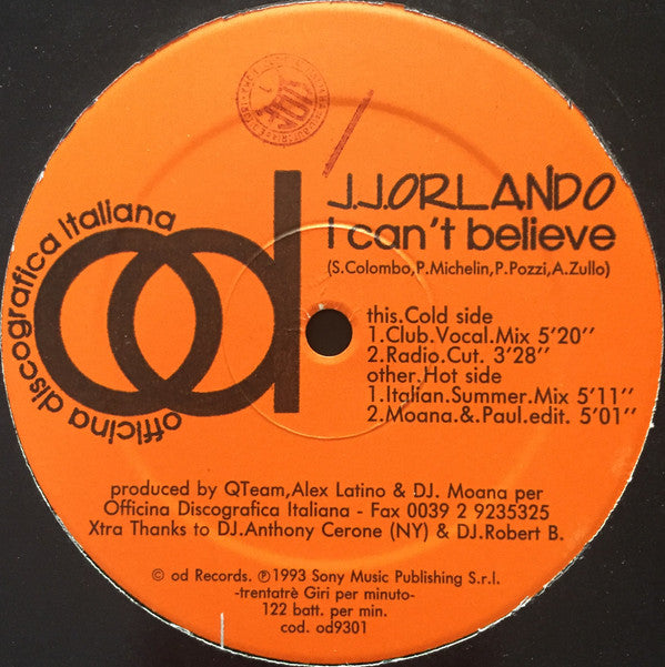 J. J. Orlando : I Can't Believe (12")
