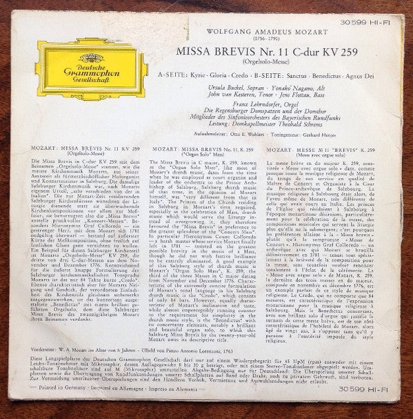 Wolfgang Amadeus Mozart : Missa Brevis C-Dur (Orgelsolomesse) (7", EP, Mono)