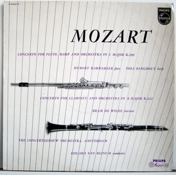 Wolfgang Amadeus Mozart / Concertgebouworkest, Hubert Barwahser, Phia Berghout, Bram De Wilde, Eduard van Beinum : Concerto For Flute, Harp & Orchestra K.299 / Concerto For Clarinet & Orchestra K.622  (LP, Mono)