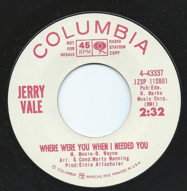 Jerry Vale : Where Were You When I Needed You (7", Promo)