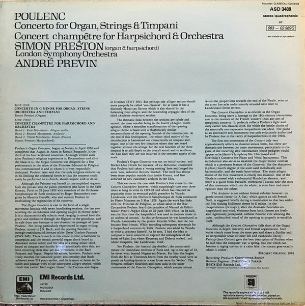 Poulenc*, Simon Preston, London Symphony Orchestra, André Previn : Concerto For Organ, Strings & Timpani / Concert Champêtre For Harpsichord & Orchestra (LP, Album, Quad)