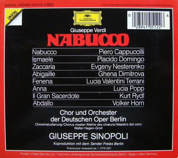 Giuseppe Verdi / Piero Cappuccilli, Placido Domingo, Evgeny Nesterenko, Ghena Dimitrova, Lucia Valentini Terrani, Chor* & Orchester Der Deutschen Oper Berlin, Giuseppe Sinopoli : Nabucco (2xCD, Album, RE + Box, Sli)