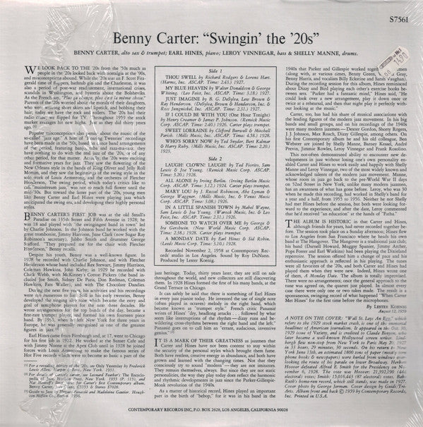 The Benny Carter Quartet : Swingin' The '20s (LP, Album, RE)