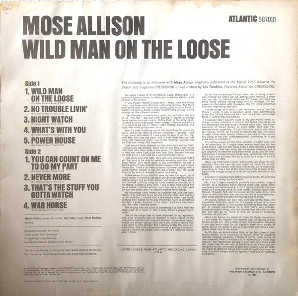 Mose Allison : Wild Man On The Loose (LP, Album, Mono)