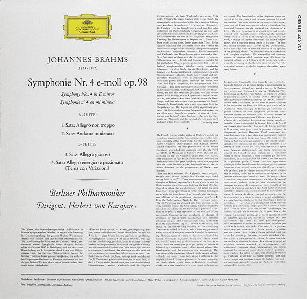Herbert Von Karajan, Johannes Brahms, Berliner Philharmoniker : Symphonie Nr. 4 (LP, RP, GY7)