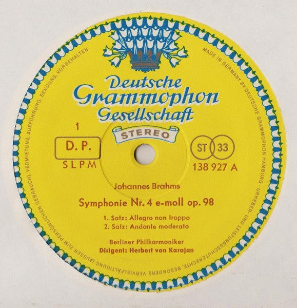 Herbert Von Karajan, Johannes Brahms, Berliner Philharmoniker : Symphonie Nr. 4 (LP, RP, GY7)