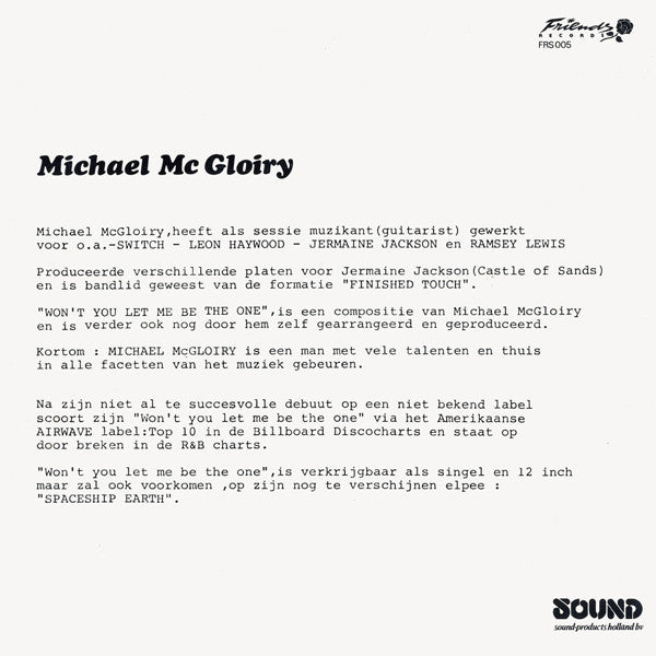 Michael McGloiry : Won't You Let Me Be The One (Version 1) (Special U.S. Disco Mix) (12")