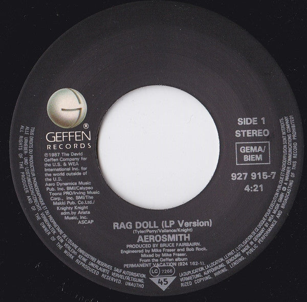 Aerosmith : Rag Doll (7", Single, 3rd)
