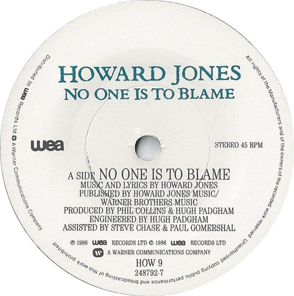Howard Jones : No One Is To Blame (7", Single, Pap)