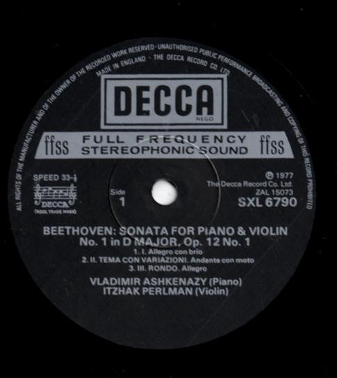 Ludwig van Beethoven, Vladimir Ashkenazy, Itzhak Perlman : Violin Sonatas Op.12 No.1 & Op.96 No.10 (LP)